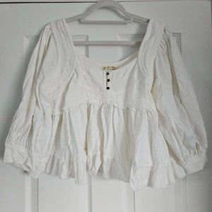 NWT Free People 3/4 Sleeve Cotton Ivory Blouse with Babydoll Silhouette